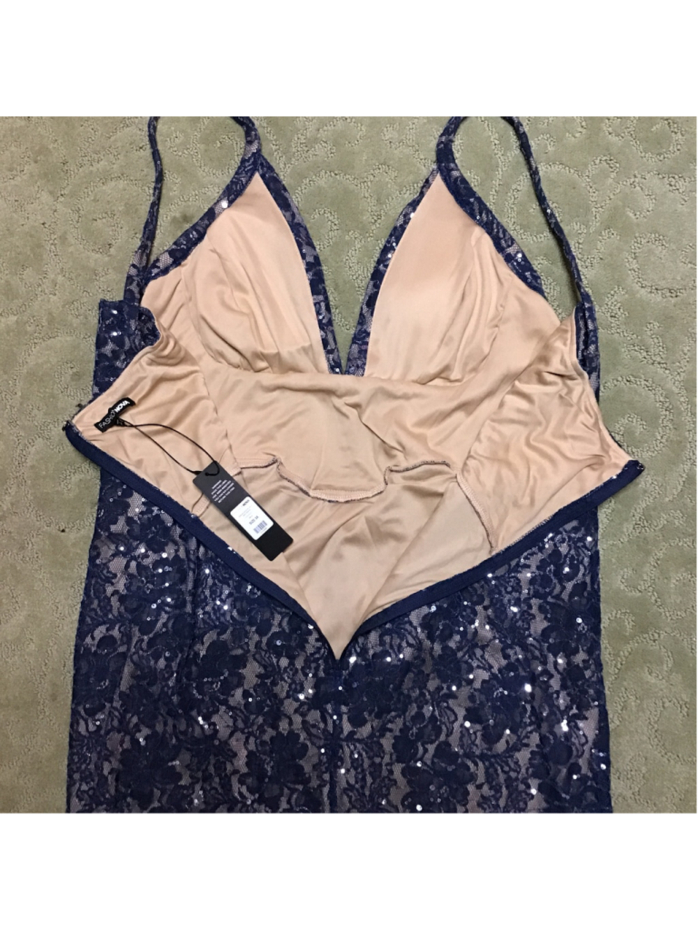 Fashion Nova Sequin Lace Dress, Plus 3X, Navy Blue and Beige
